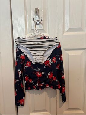 Janie and Jack Navy Long-Sleeve Swim Tee with Red & White Floral Print